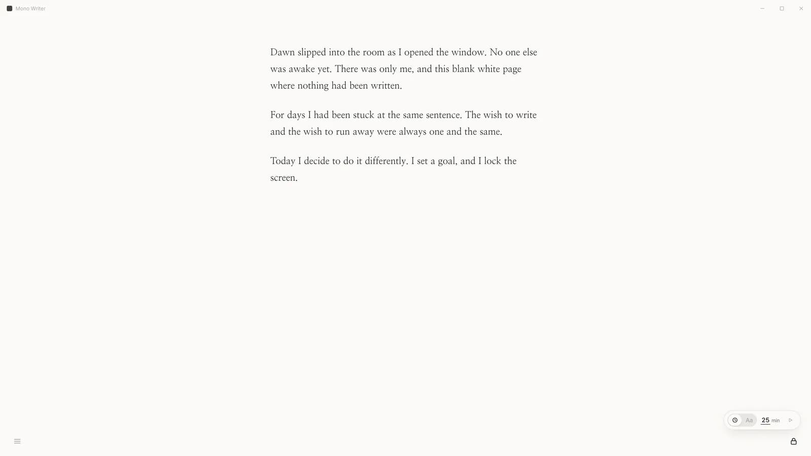 Mono Writer writing screen with an essay and the goal control ‘25 min’ and lock button at bottom right