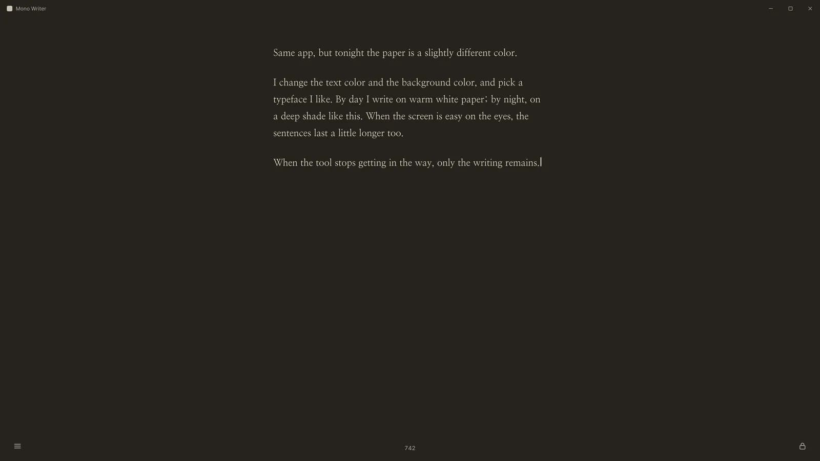 Mono Writer dark paper theme with an essay: ‘Same app, but tonight the paper is a slightly different color.’